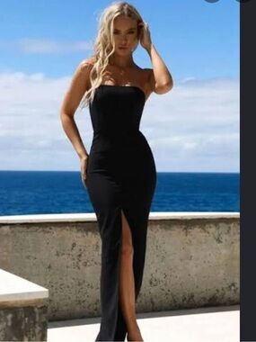 Abyss By Abby Strapless Black Column Dress with Front Slit